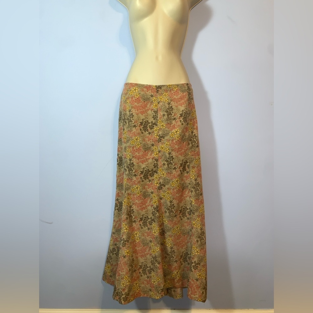 Christopher & Banks tan Floral Maxi Skirt Pink Yellow flowers fit flare boho 12